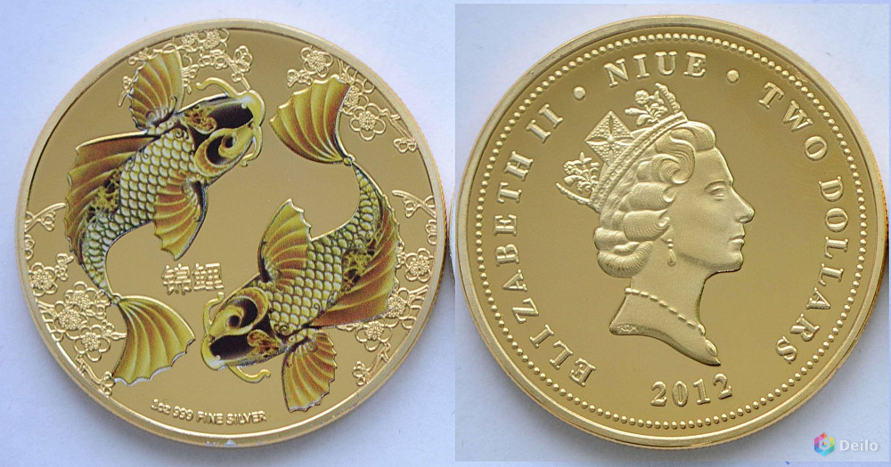 2 доллара Ниуэ 2013 Золотые рыбки Цветная копия